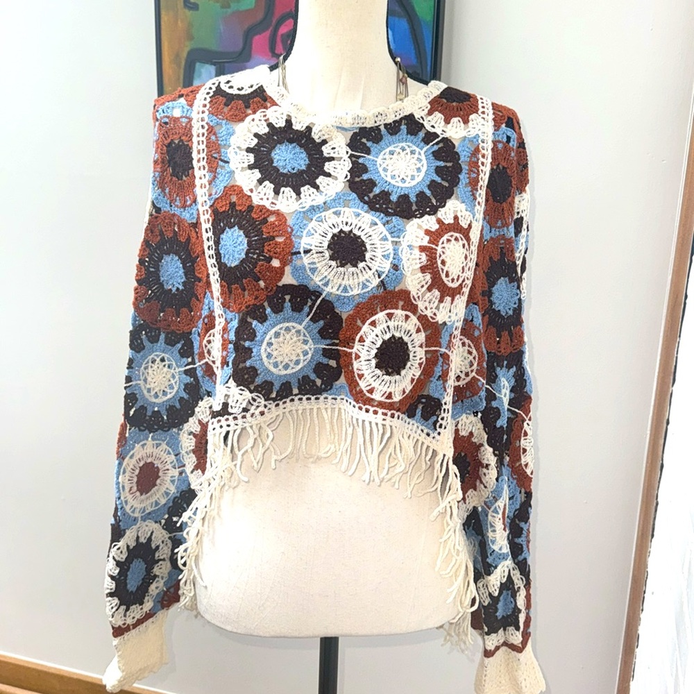 Crochet Top M | Colorful Crochet Sleeved Poncho M